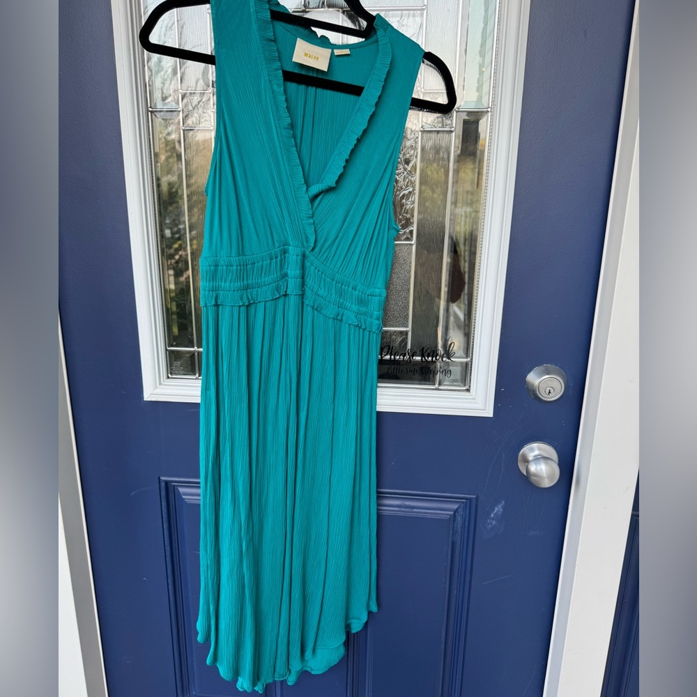 Maeve Blue Ruched V- Neck Dress